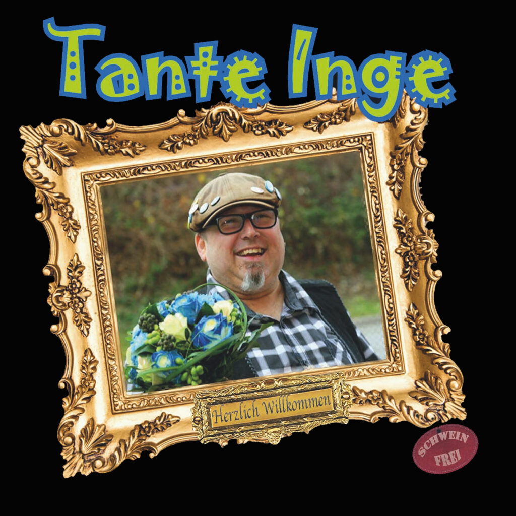 Die CD von Tante Inge heißt "Herzlich Willkommen". Auf dem Cover ist ein junger Mann. Er ist in einem goldenen Rahmen. Er hält einen Blumenstrauß.